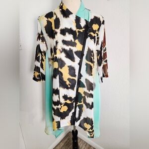 Feratelli Animal Print/Mint Green Asymmetrical Zip-Front Tunic Longer Sides Sz M